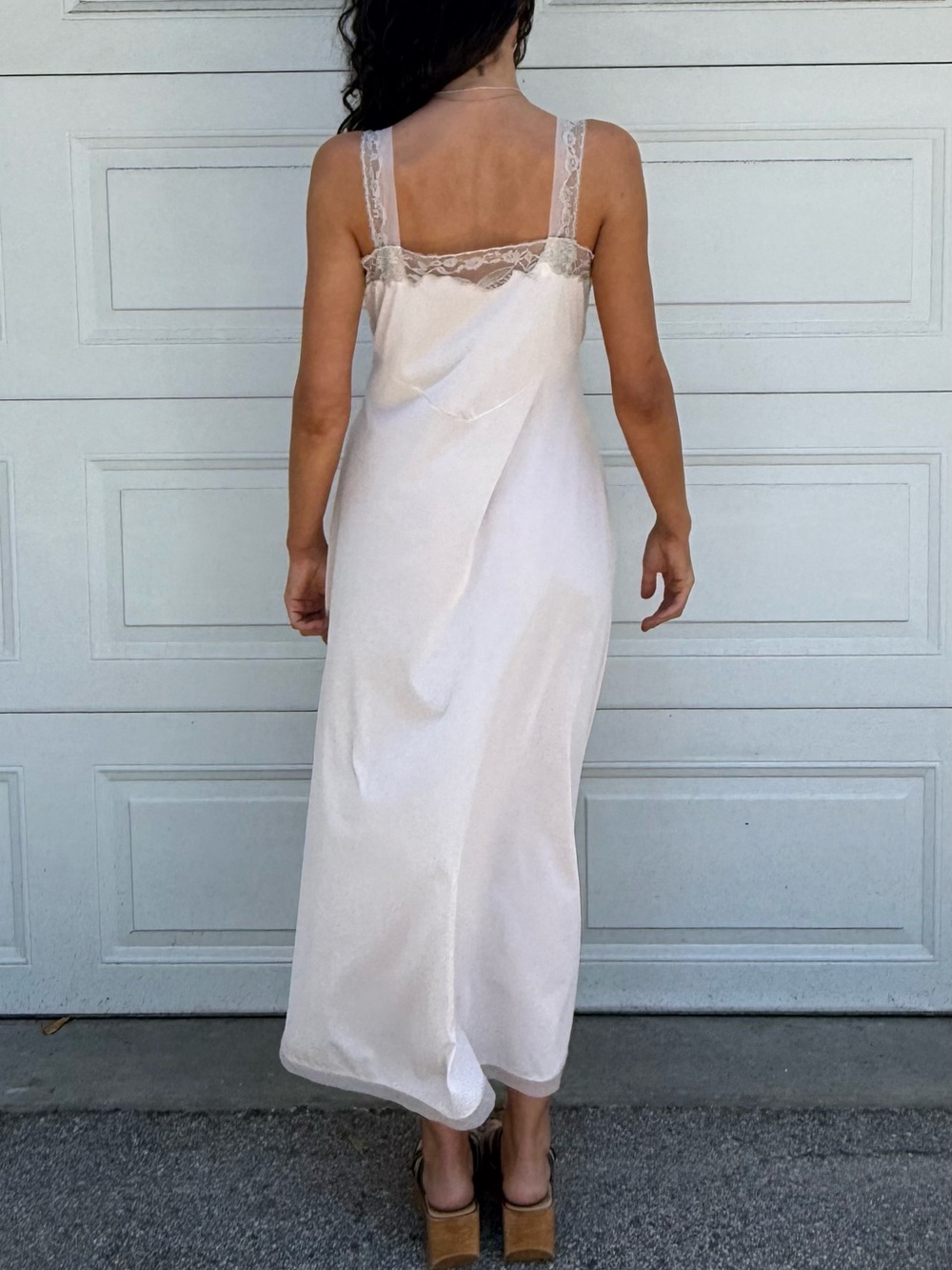 Vintage 60s Nightgown Maxi Slip Dress Lace-Trim Long Chemise Slip in Cream Ecru - Picture 9 of 14